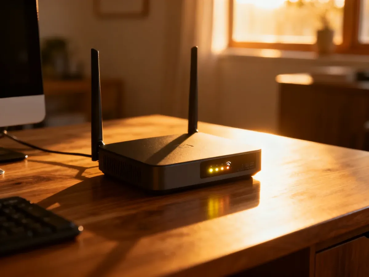 Nowoczesny router LTE na drewnianym biurku z wyraźnym wskaźnikiem silnego sygnału w przytulnym domowym biurze.