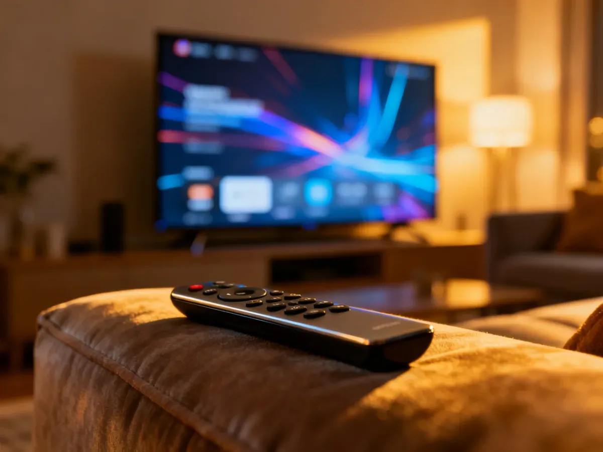 Nowoczesny pilot na kanapie przed włączonym telewizorem, symbolizujący korzystanie z usług telewizji internetowej.