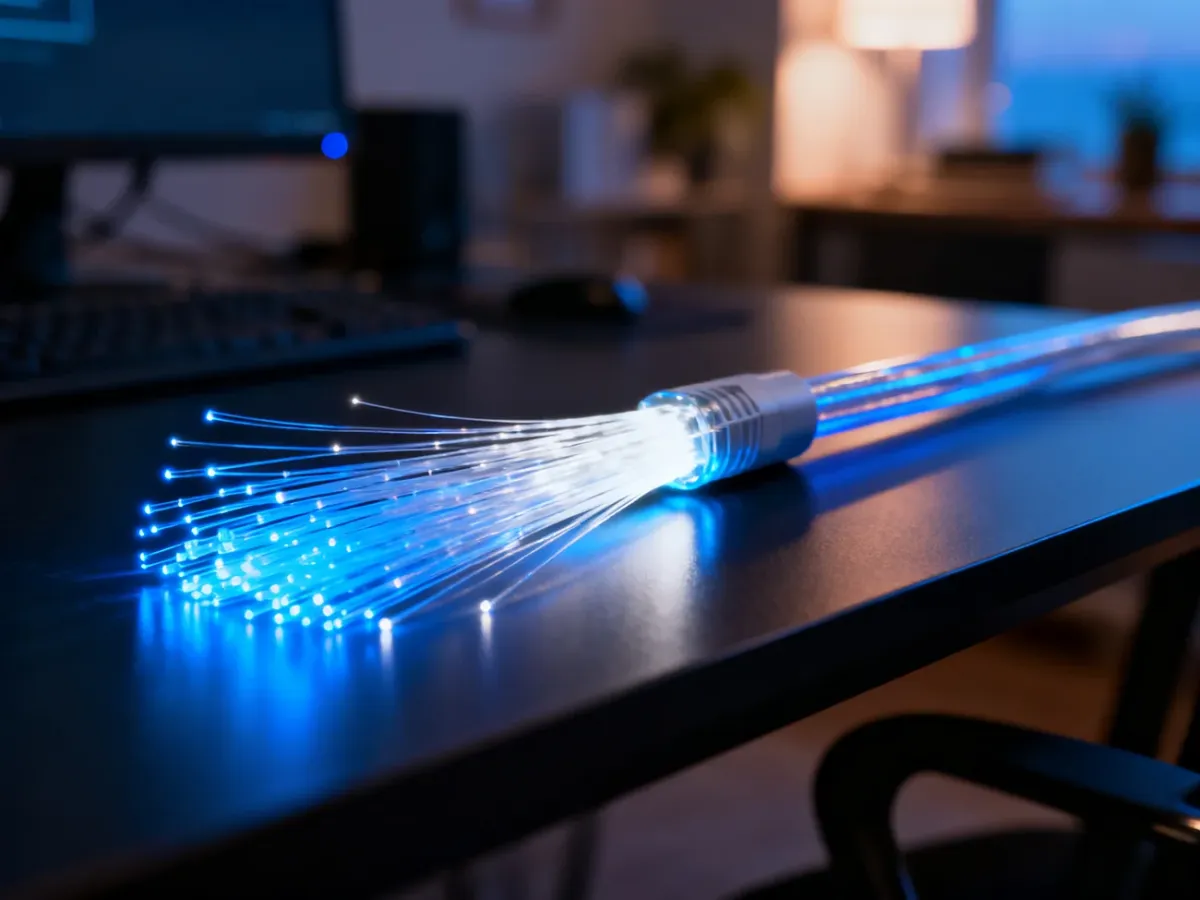 Światłowód z pulsującym niebieskim światłem na biurku, symbolizujący nowoczesne i szybkie łącze internetowe.