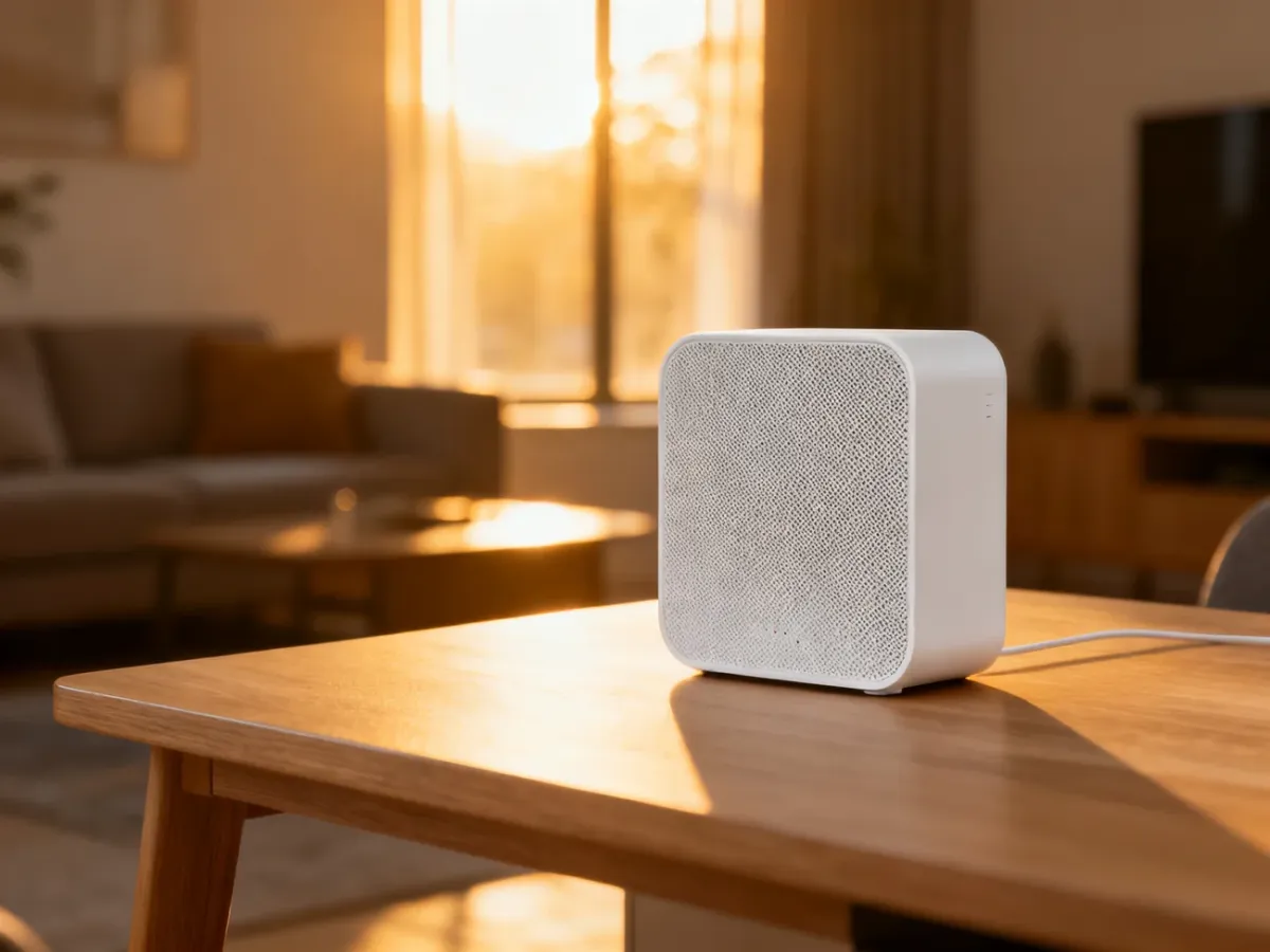 Nowoczesny router mesh na drewnianym biurku w słonecznym salonie, prezentujący estetyczne rozwiązanie sieciowe do domu.