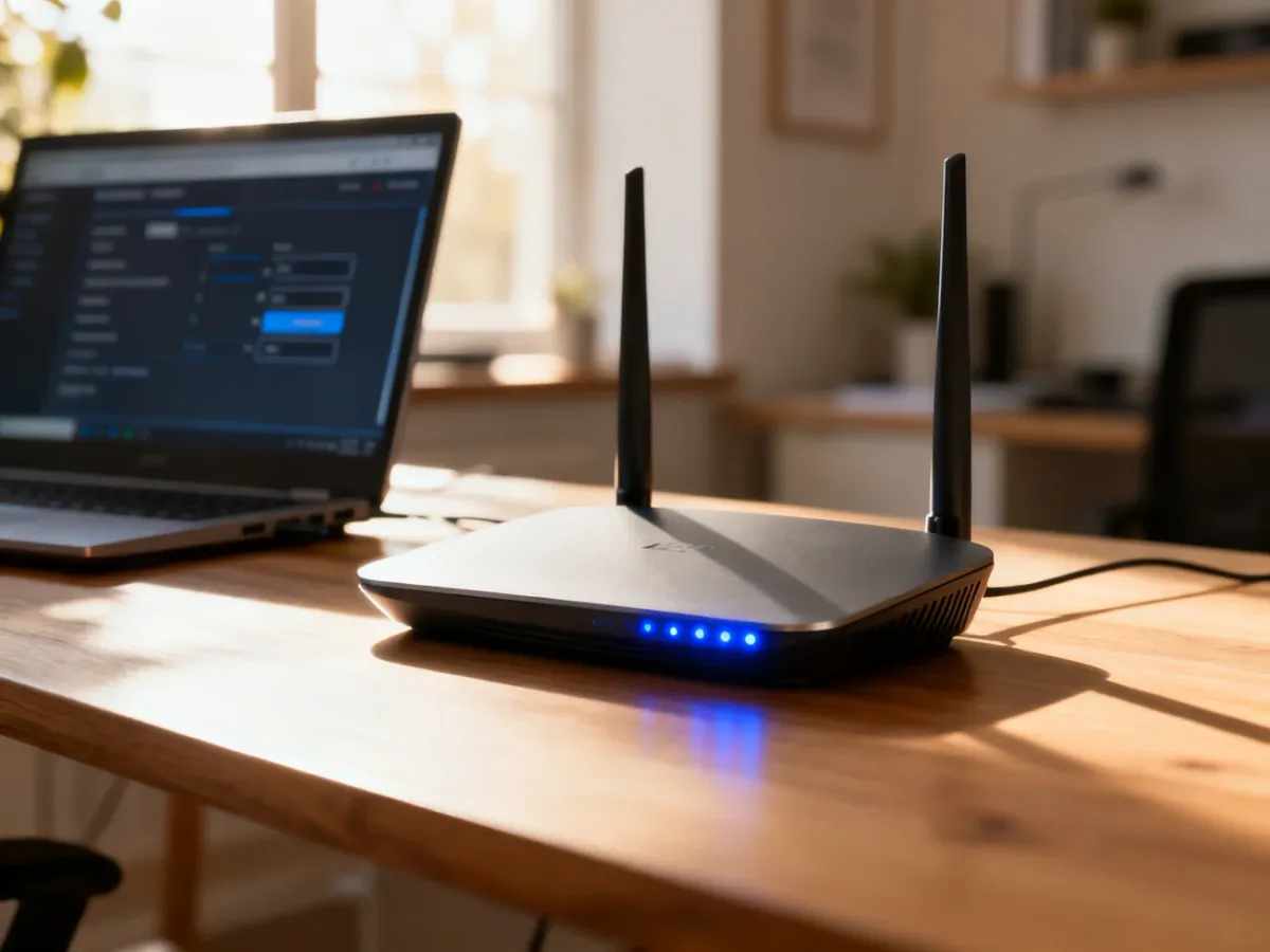 Nowoczesny router Wi-Fi na biurku z widocznym w tle interfejsem konfiguracji sieci na ekranie laptopa.