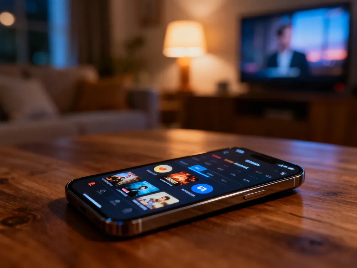 Nowoczesny smartfon z wyświetlonym harmonogramem programów telewizyjnych na drewnianym stole w przytulnym salonie.