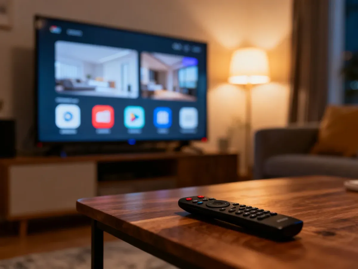 Pilot do telewizora na stoliku kawowym w przytulnym salonie z widocznym na ekranie menu aplikacji Smart TV.