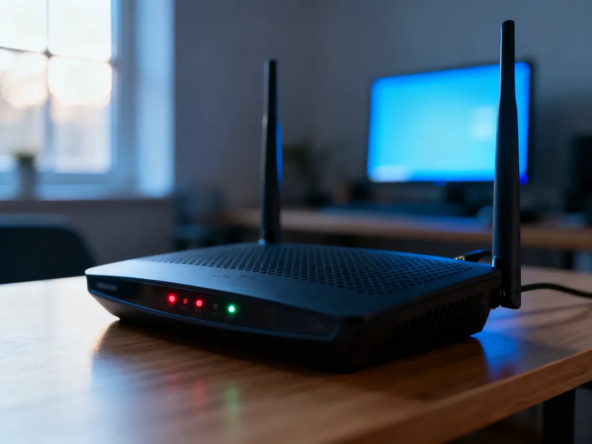 Nowoczesny router bezprzewodowy z migającymi diodami na drewnianym biurku w domowym biurze.