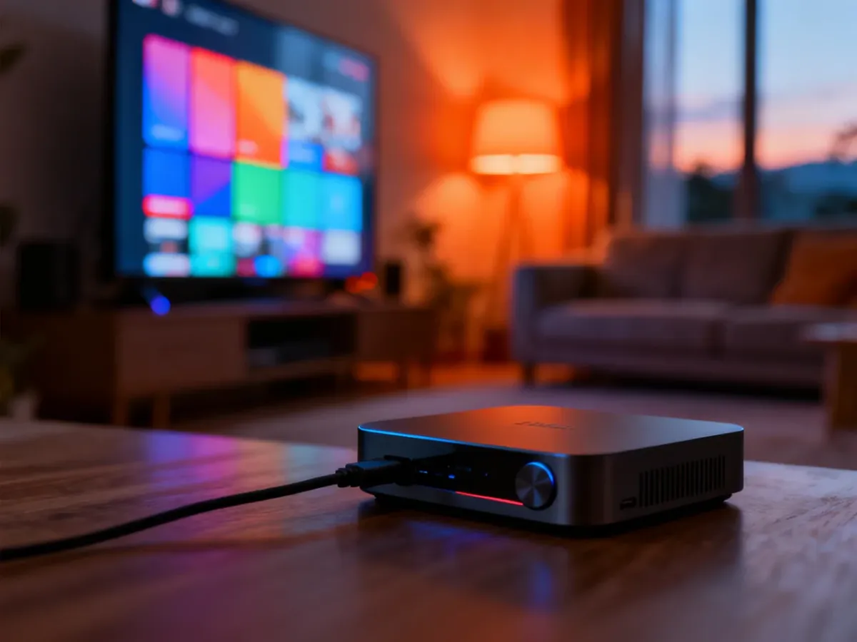 Nowoczesny telewizor z podłączonym urządzeniem streamingowym w przytulnym salonie, gotowy do konfiguracji usług IPTV.