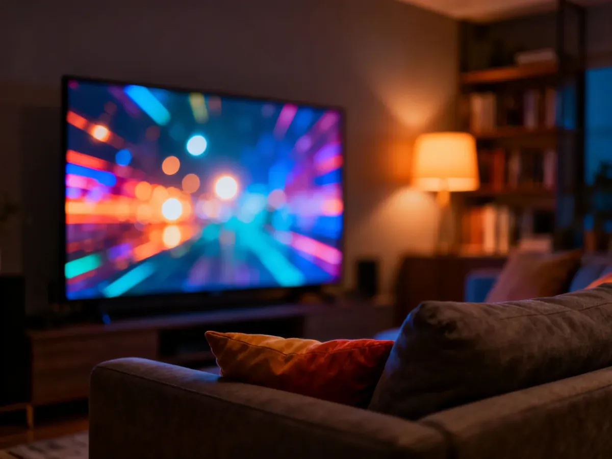 Nowoczesny salon z dużym telewizorem wyświetlającym film, tworzący przytulną atmosferę do wieczornego seansu na Netflixie.