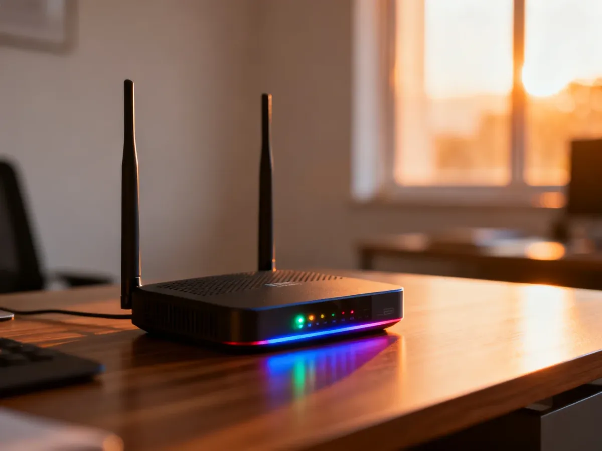 Nowoczesny router Wi-Fi 6 na biurku w domowym biurze, sygnalizujący aktywne połączenie za pomocą świecących diod.