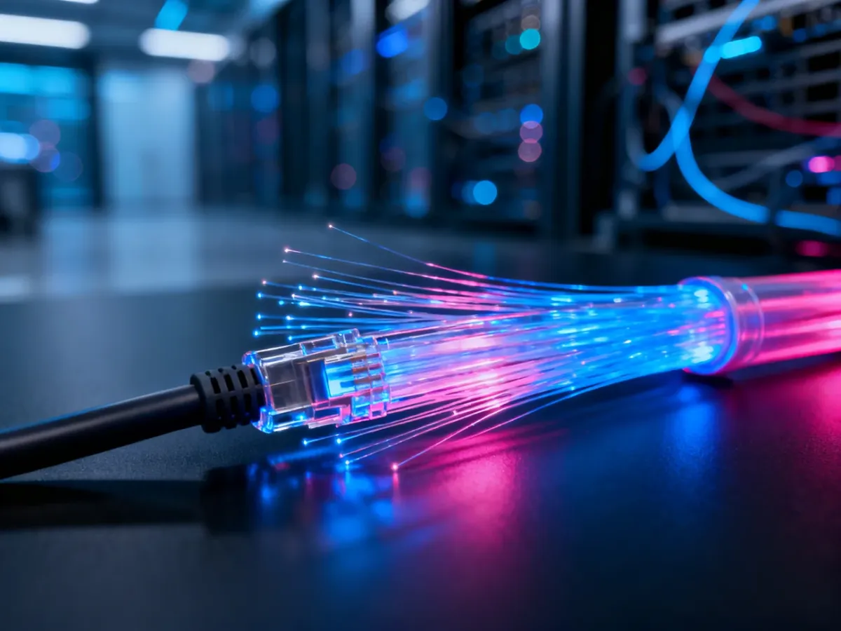 Światłowód emitujący niebieskie i purpurowe światło na tle nowoczesnej serwerowni, symbolizujący szybkie łącze internetowe.