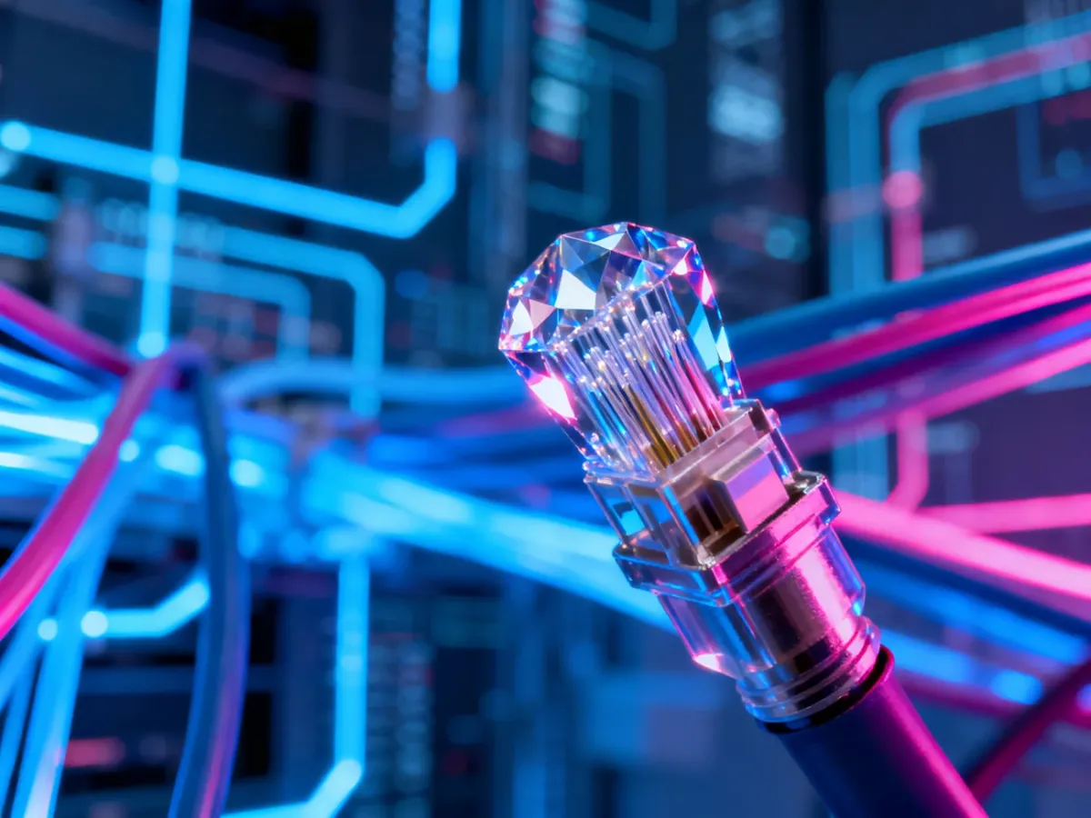 Wizualizacja światłowodów z podświetlonymi przewodami i złączem, symbolizująca nowoczesną technologię przesyłu danych.