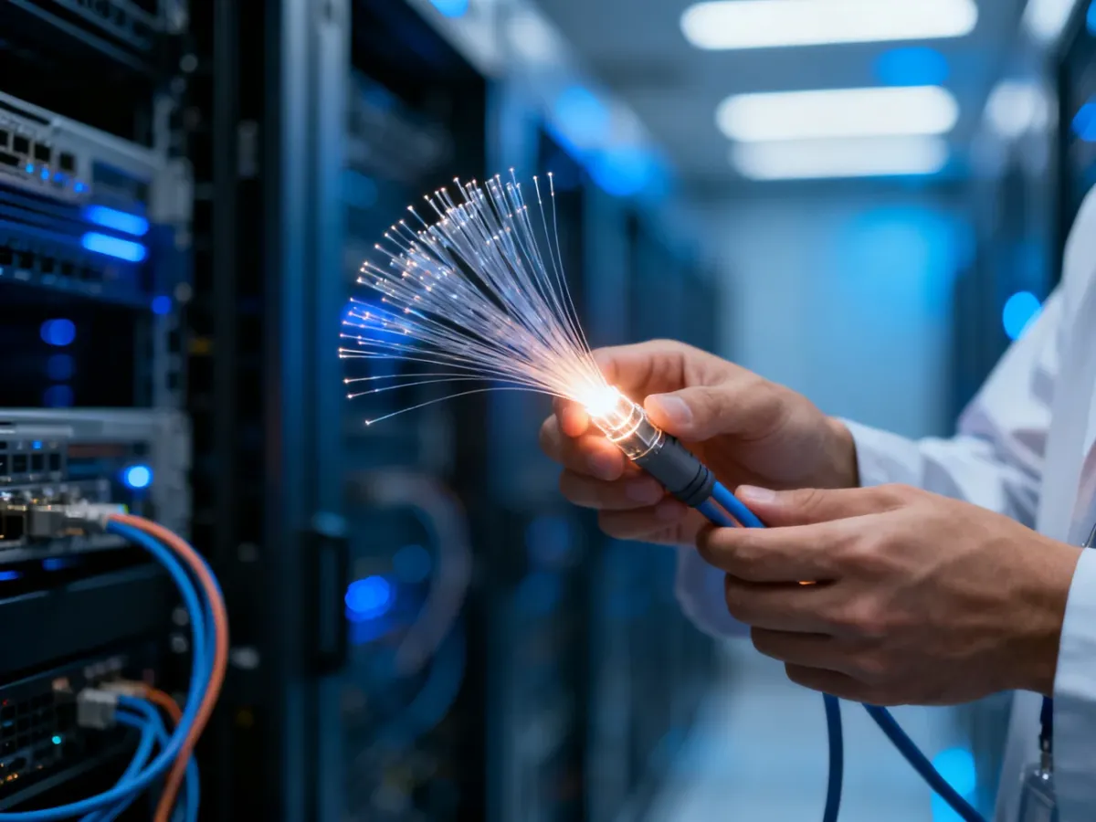 Dłonie trzymające nowoczesny kabel światłowodowy z widocznym rdzeniem na tle serwerowni.