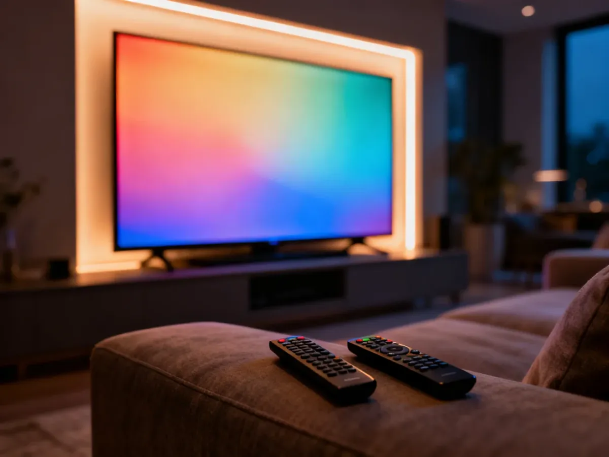 Nowoczesny salon z telewizorem i kanapą, przygotowany do wieczornego oglądania filmów i seriali w domowym zaciszu.