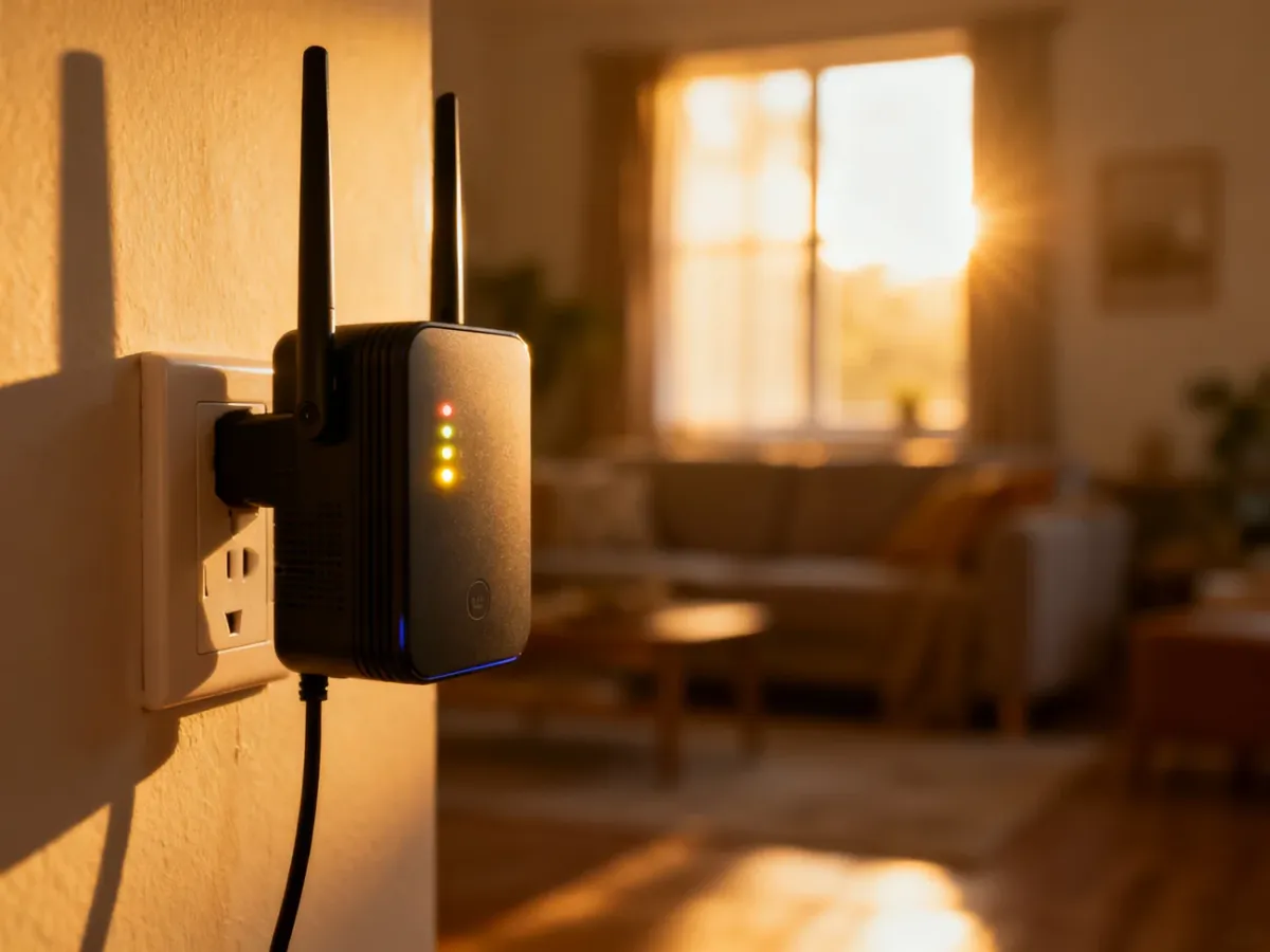 Wzmacniacz sygnału Wi-Fi wpięty do gniazdka elektrycznego z widocznymi diodami wskazującymi siłę połączenia.