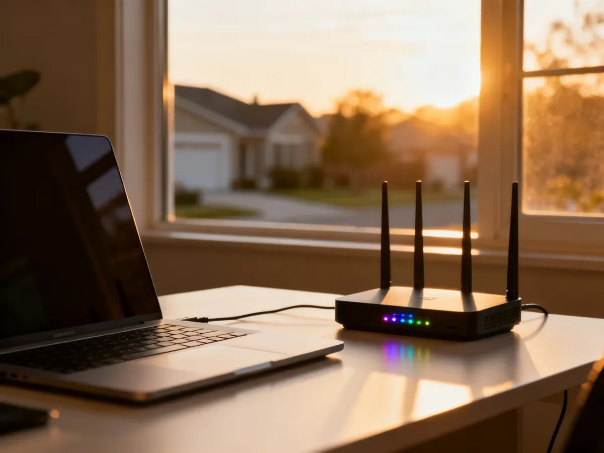 Nowoczesne biurko z laptopem i routerem Wi-Fi w domowym gabinecie, symbolizujące stabilne połączenie internetowe.