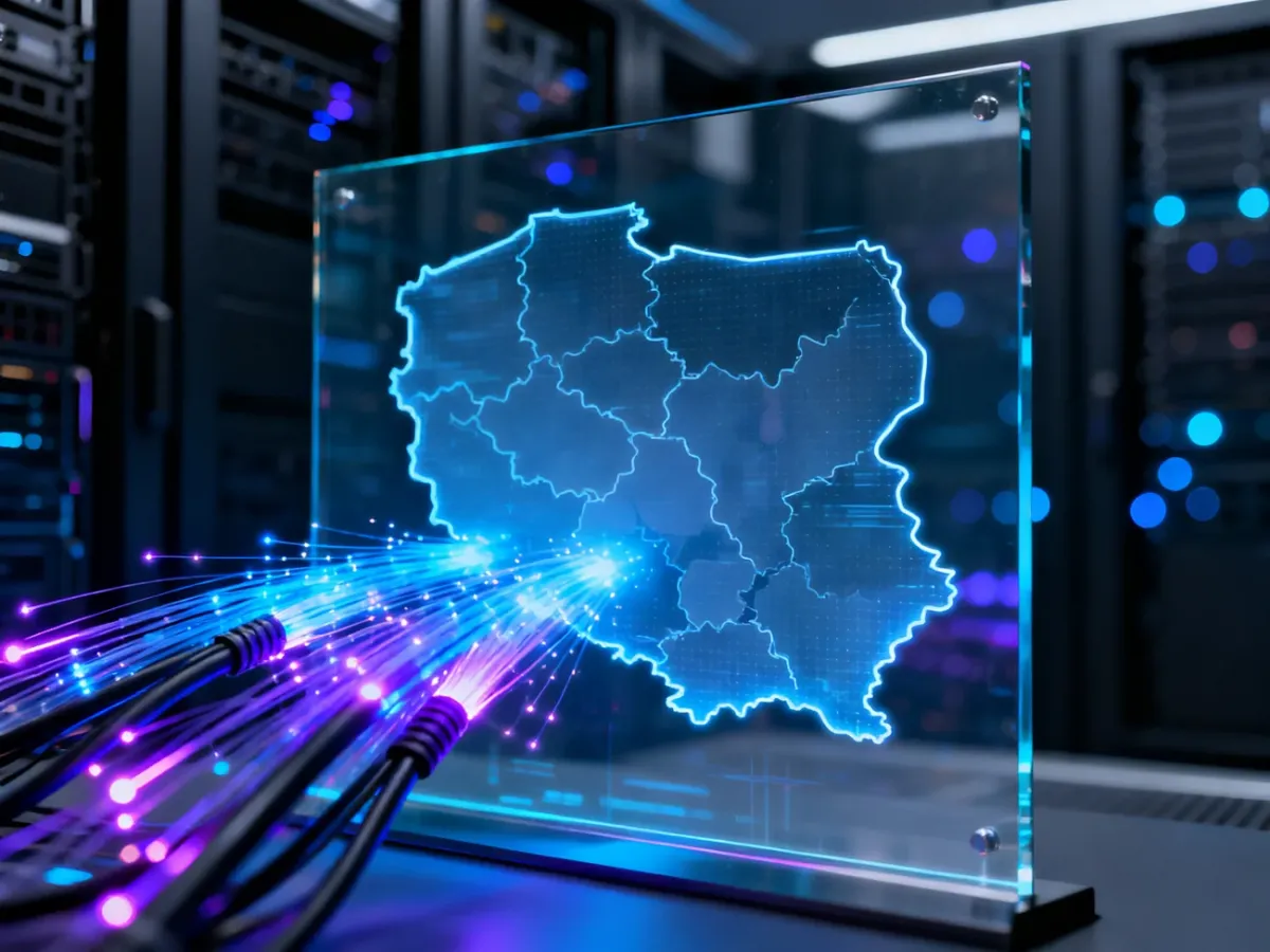Cyfrowa mapa Polski z podświetlanymi światłowodami, symbolizująca nowoczesną infrastrukturę sieciową i szybki internet.