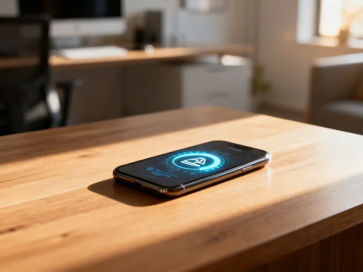 Smartfon leżący na drewnianym biurku z ikoną zużycia danych, symbolizujący zarządzanie pakietem internetowym 10 GB.