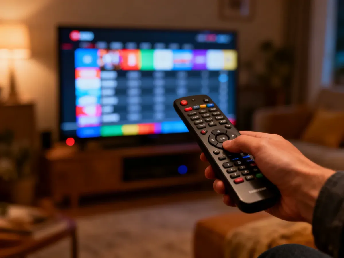Dłoń trzymająca pilot skierowany w stronę telewizora z wyświetlonym menu wyszukiwania kanałów w przytulnym salonie.