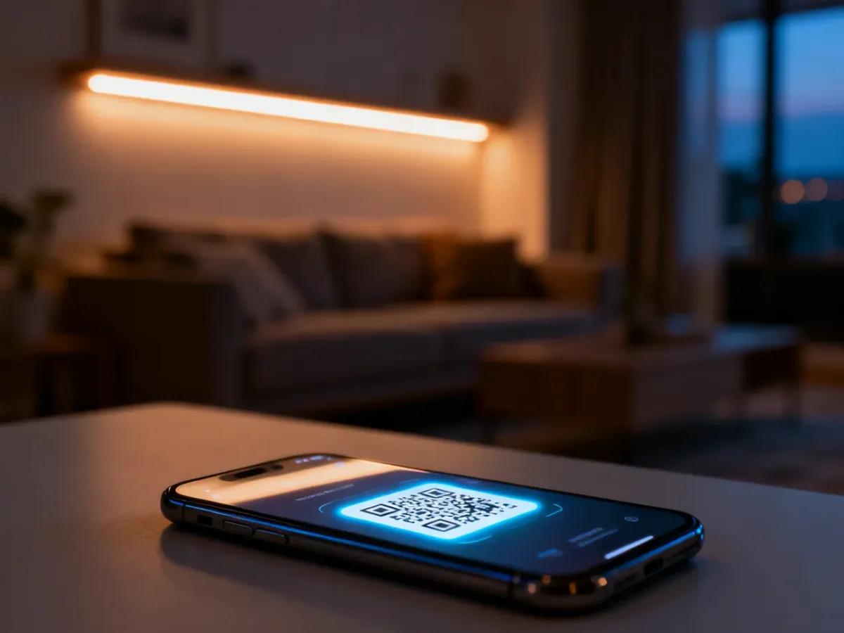 Smartfon z wyświetlonym kodem QR na ekranie, służącym do aktywacji usługi w domowym wnętrzu.
