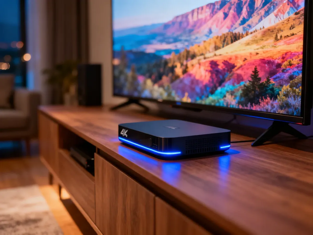 Dekoder Polsat Box 4K ustawiony na nowoczesnej szafce RTV w salonie z włączonym telewizorem w tle.