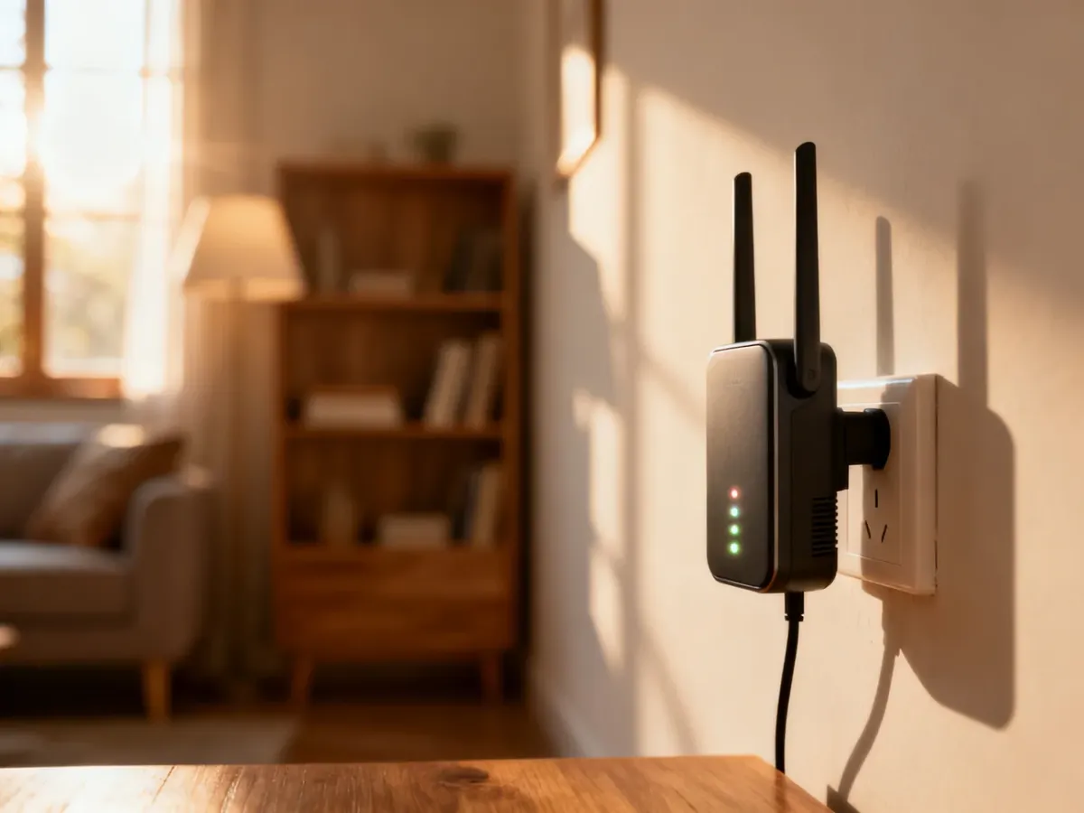 Nowoczesny wzmacniacz sygnału Wi-Fi podłączony do gniazdka w przytulnym salonie, zapewniający zasięg w całym domu.
