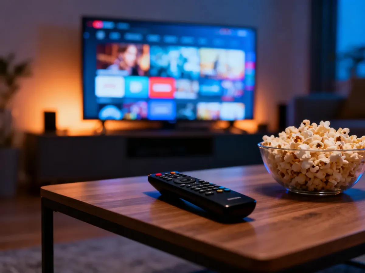 Pilot do telewizora leżący na stoliku obok miski popcornu na tle włączonego ekranu z interfejsem Netflixa.