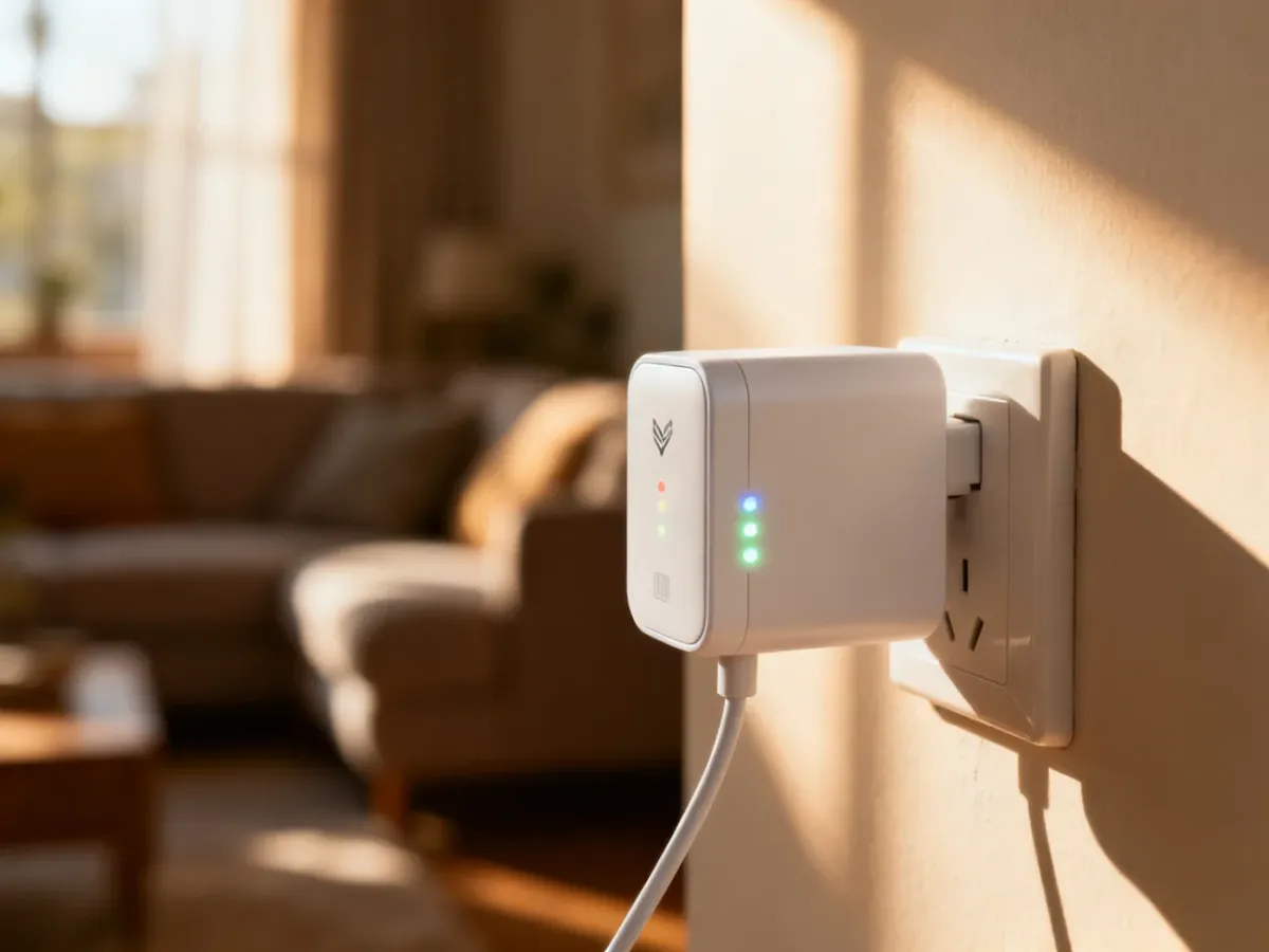 Biały wzmacniacz sygnału Wi-Fi wpięty do gniazdka elektrycznego z widocznymi diodami sygnalizującymi poprawne działanie.