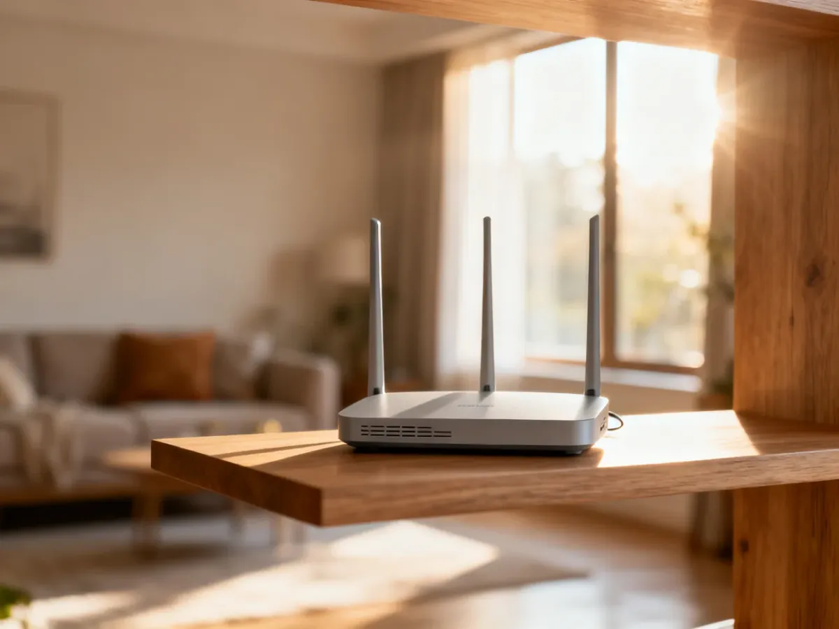 Nowoczesny router umieszczony na drewnianej półce w centralnym punkcie salonu, zapewniający optymalny zasięg sieci Wi-Fi.