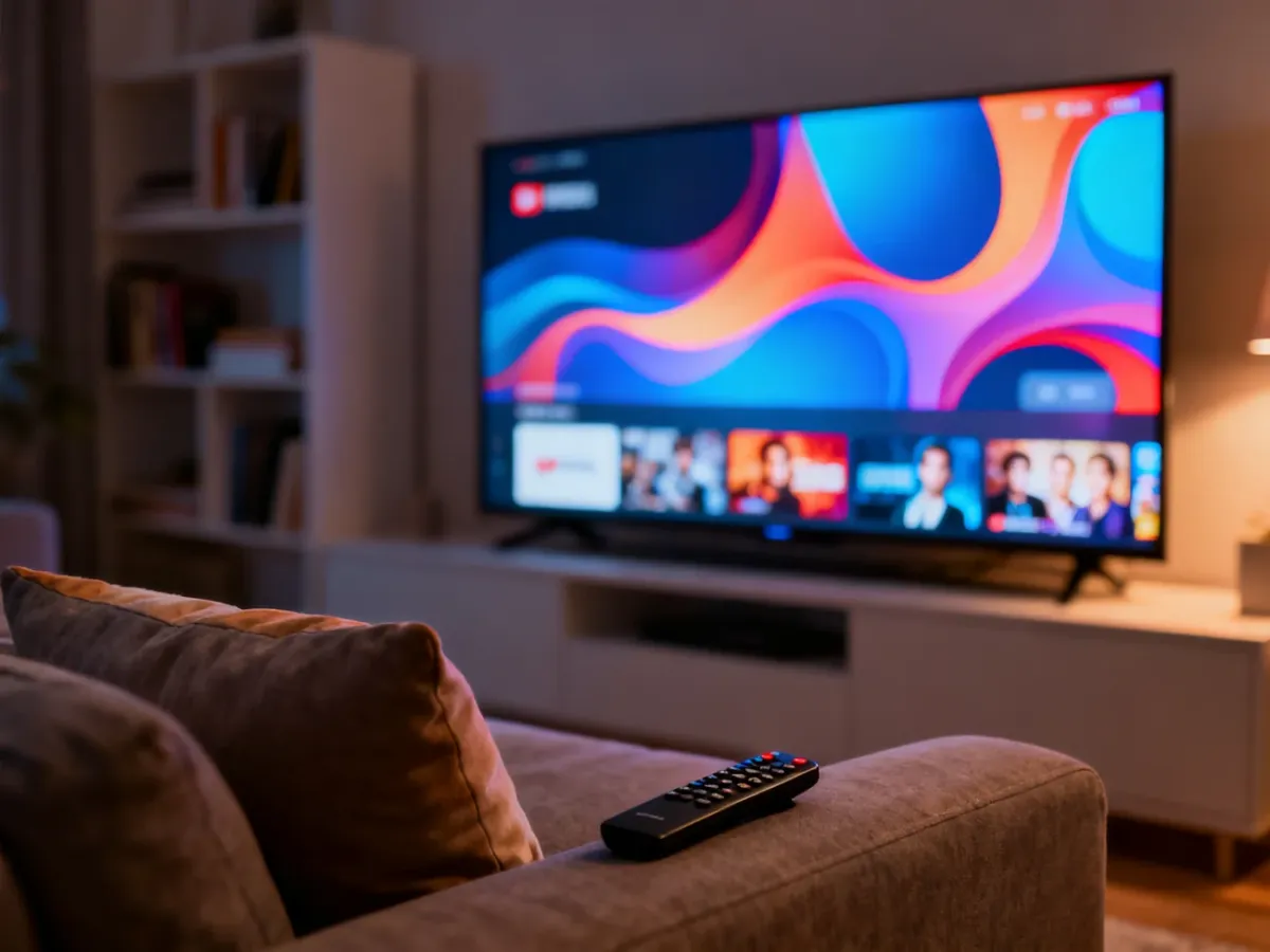 Nowoczesny salon z telewizorem wyświetlającym interfejs platformy streamingowej, symbolizujący korzystanie z wielu profili.