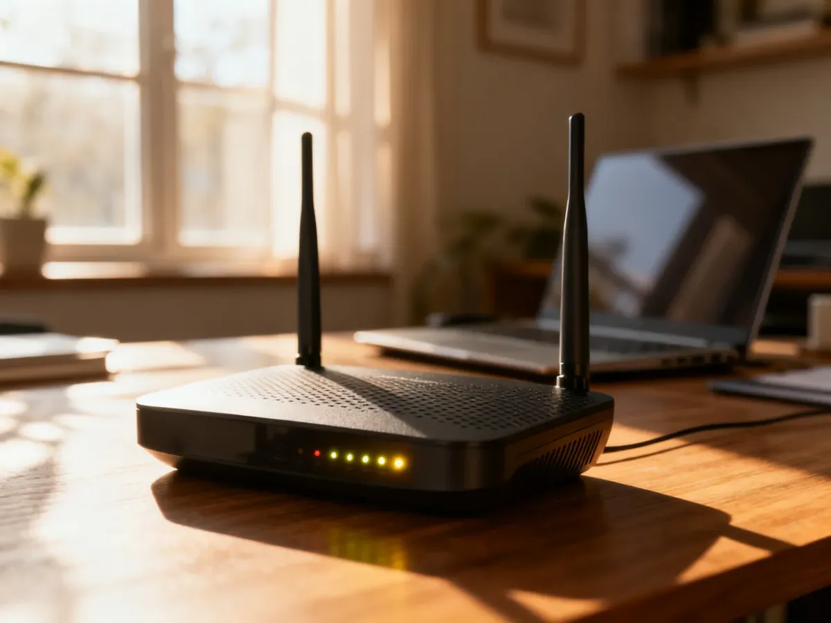 Nowoczesny router bezprzewodowy na biurku, sygnalizujący poprawne działanie sieci domowej.