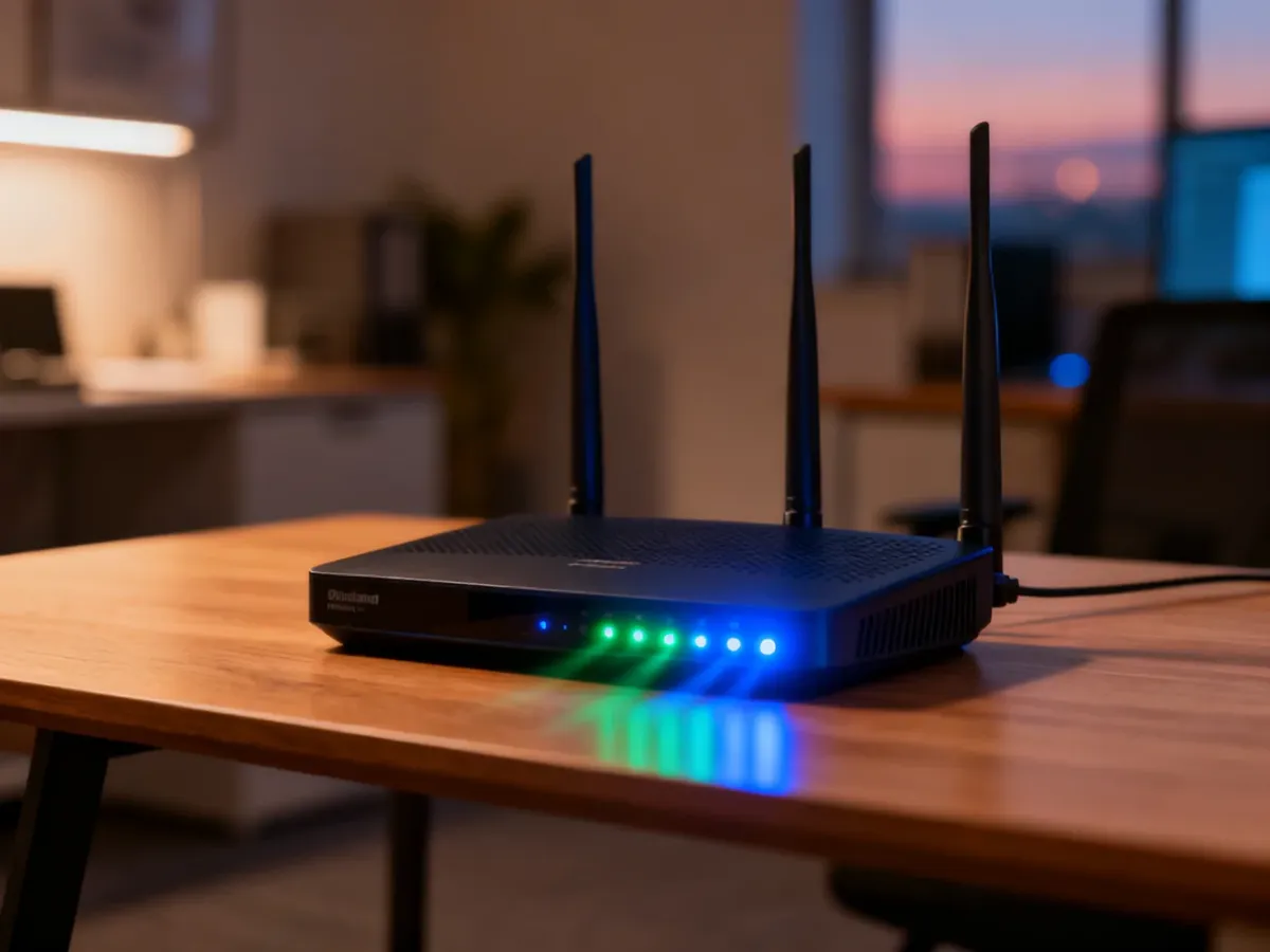 Nowoczesny router dwuzakresowy na biurku, sygnalizujący przesył danych za pomocą świecących diod LED.