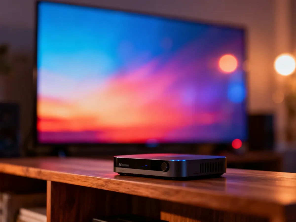 Nowoczesny odtwarzacz multimedialny na tle telewizora z kinowym oświetleniem, symbolizujący domowe centrum rozrywki.