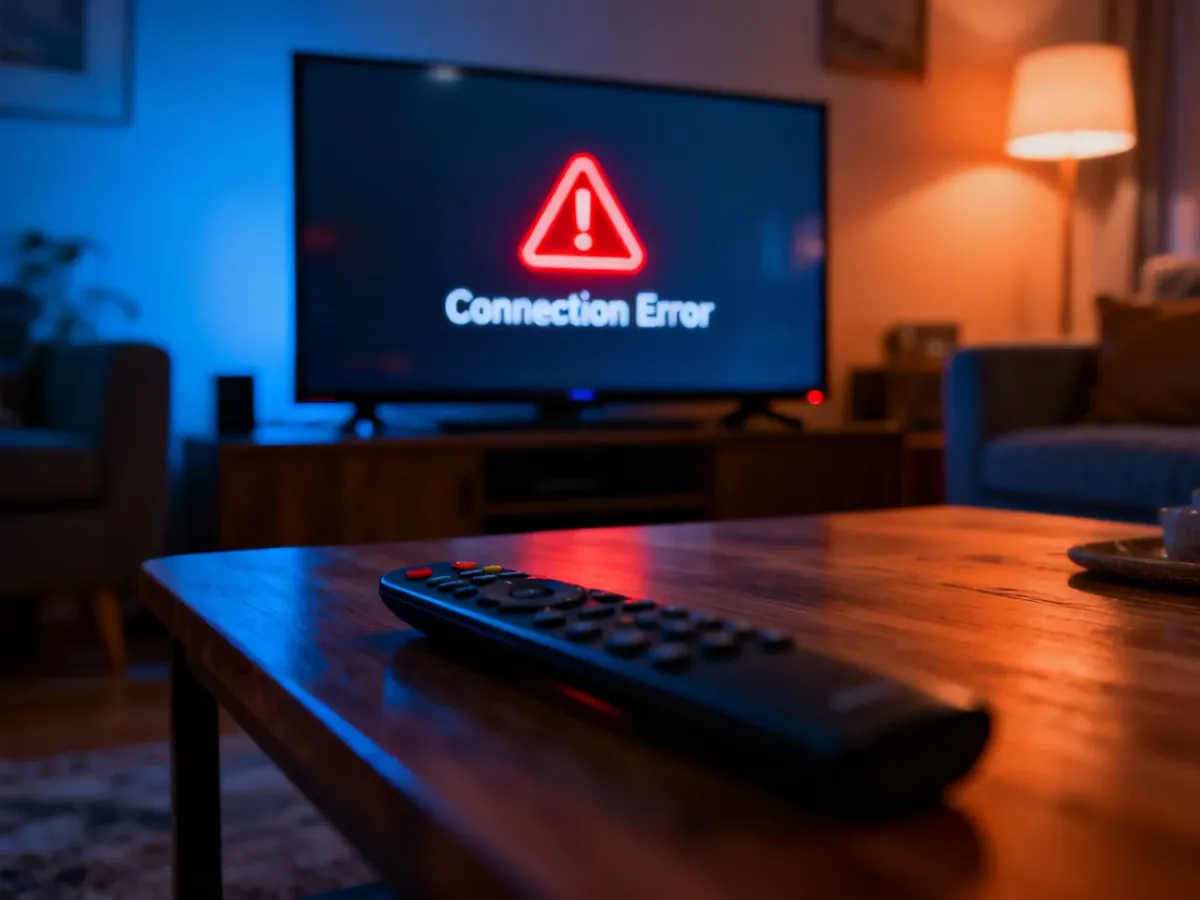 Ekran telewizora z ikoną błędu połączenia i rozmyty pilot na stole, ilustrujące problem z dostępem do serwisu IPTV.