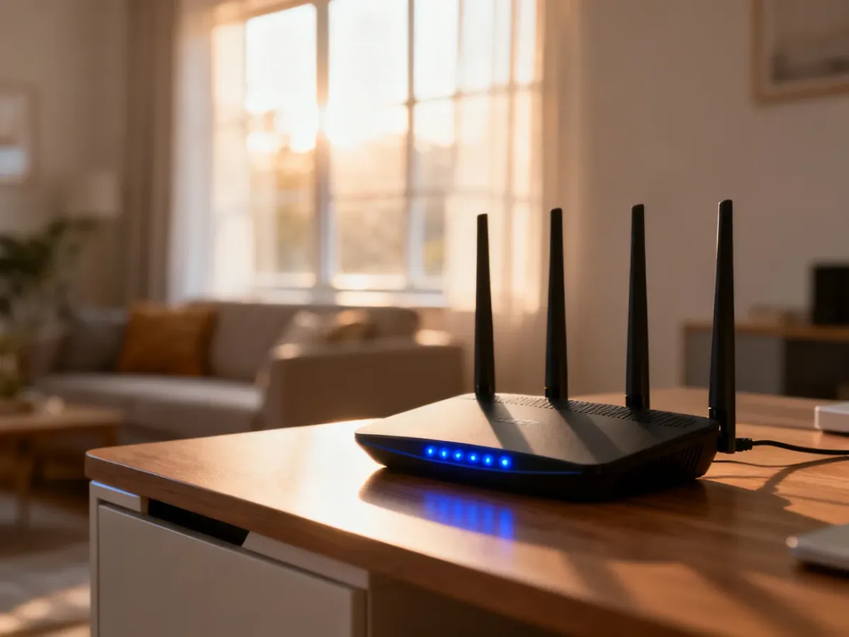 Nowoczesny router bezprzewodowy na biurku, zapewniający stabilne połączenie z internetem w domowym zaciszu.