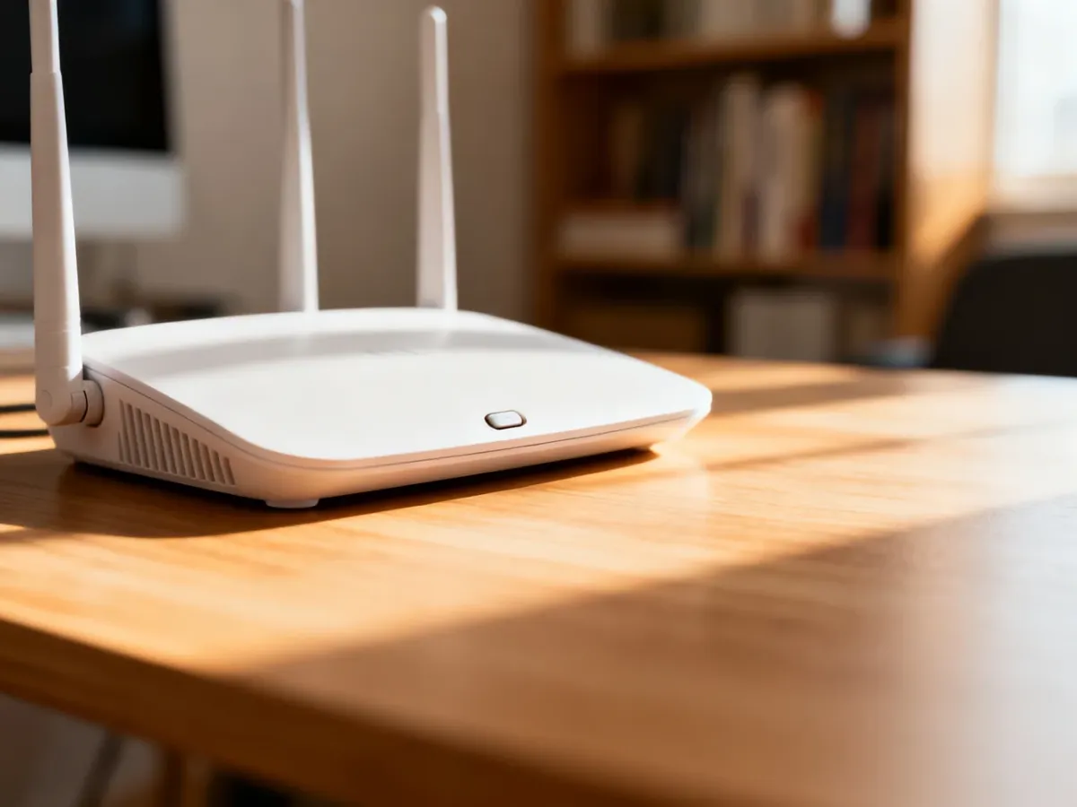 Nowoczesny router na drewnianym biurku z wyraźnie zaznaczonym przyciskiem resetowania w świetle poranka.