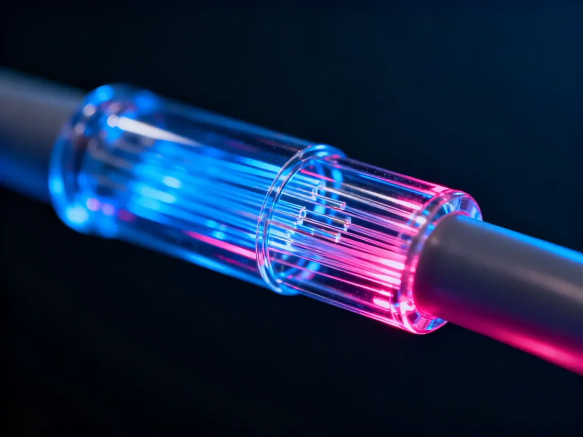 Zbliżenie na włókna światłowodowe z pulsującym niebieskim i purpurowym światłem, obrazujące przesył danych w technologii.