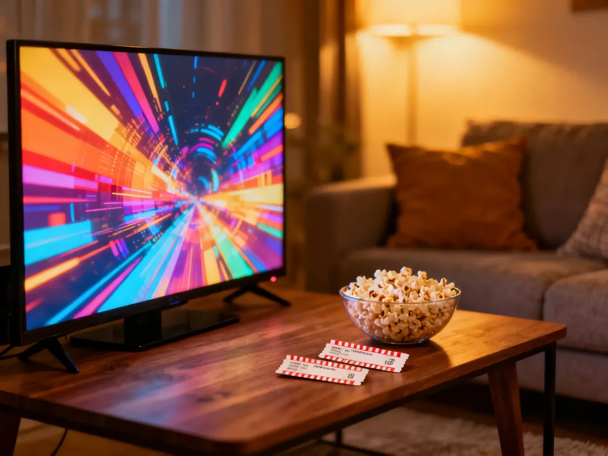 Nowoczesny salon z telewizorem wyświetlającym animację, popcornem i biletami, zachęcający do domowego seansu filmowego.