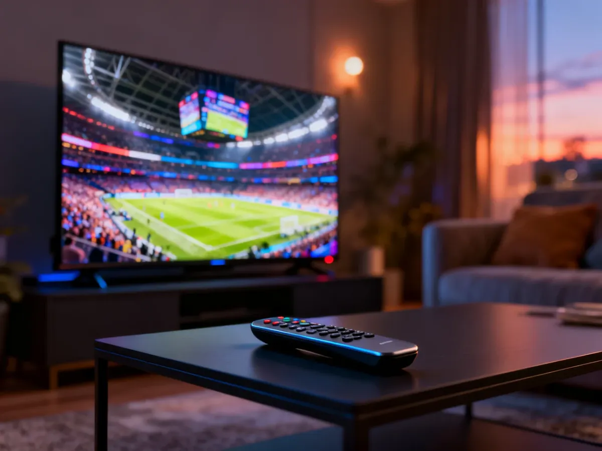 Nowoczesny telewizor z transmisją gali sportowej oraz pilot na stoliku w przytulnym salonie.