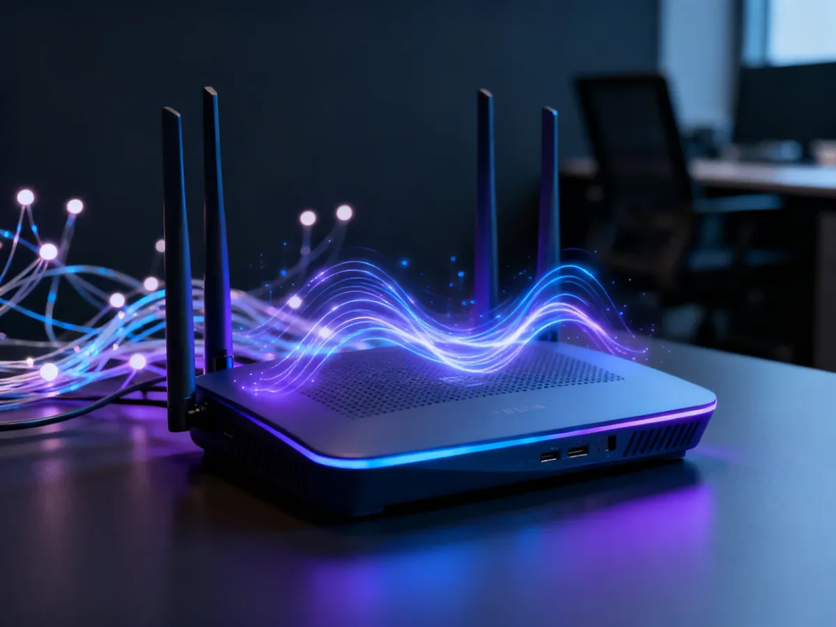 Nowoczesny router Wi-Fi emitujący cyfrowe fale sygnału w minimalistycznym, zaawansowanym technologicznie biurze.