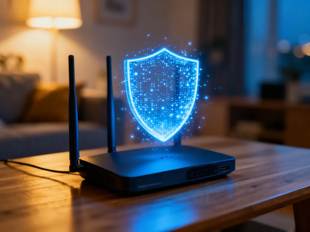 Nowoczesny router z cyfrową tarczą ochronną, symbolizującą zabezpieczenie sieci Wi-Fi przed nieautoryzowanym dostępem.