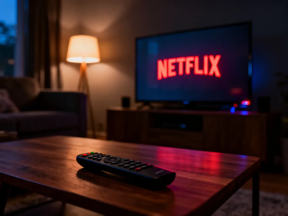 Ekran telewizora z logo Netflix w przytulnym salonie oraz pilot leżący na stoliku kawowym.