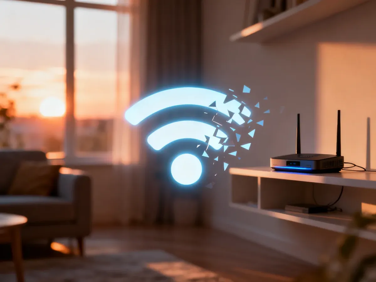 Świecąca ikona Wi-Fi z efektem zakłóceń na tle domowego routera, symbolizująca problemy z połączeniem bezprzewodowym.