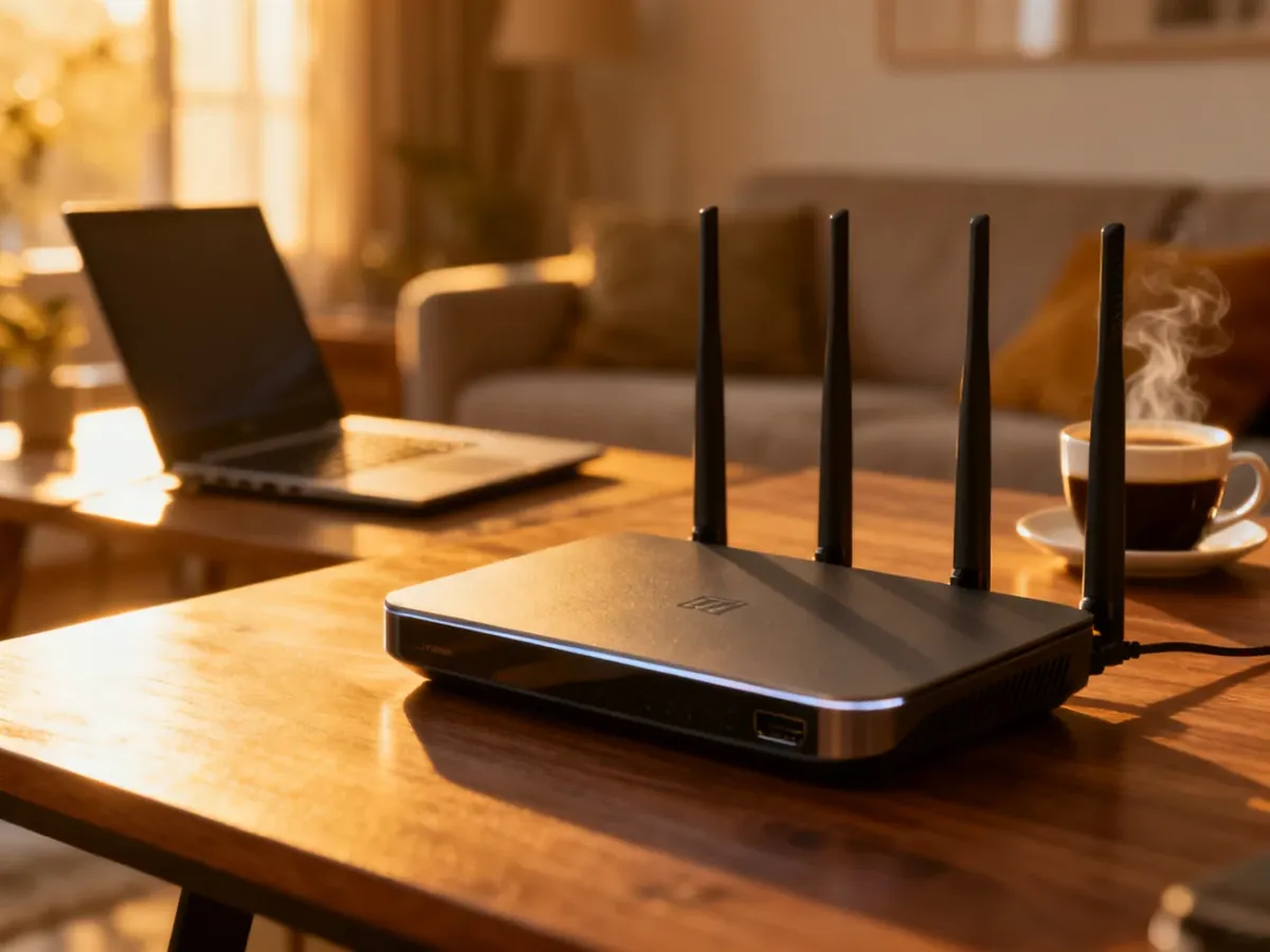 Nowoczesny router bezprzewodowy na drewnianym biurku w przytulnym salonie, symbolizujący szybki internet w domu.