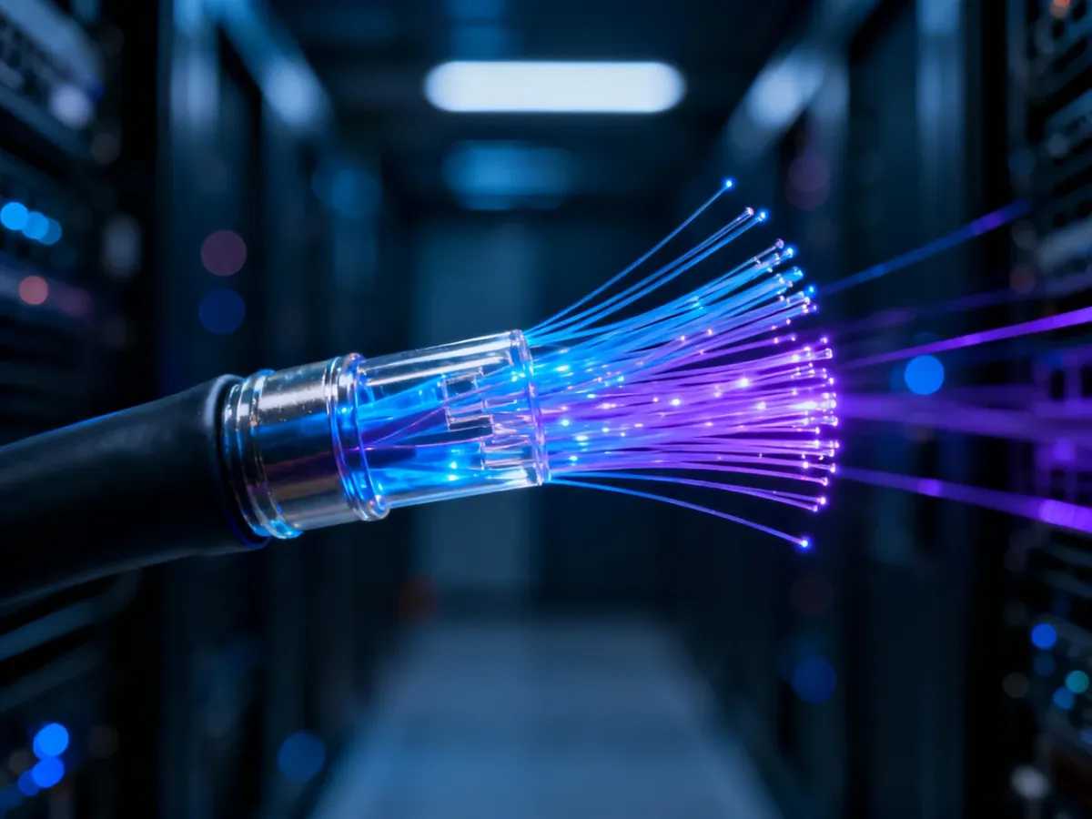 Wnętrze światłowodu z pulsującym niebiesko-fioletowym światłem, symbolizujące przesył danych w technologii fiber.