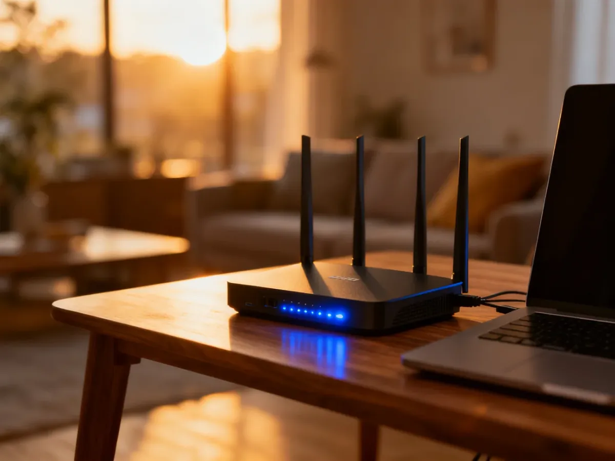 Nowoczesny router światłowodowy na biurku, symbolizujący szybkie i stabilne połączenie internetowe w domu.