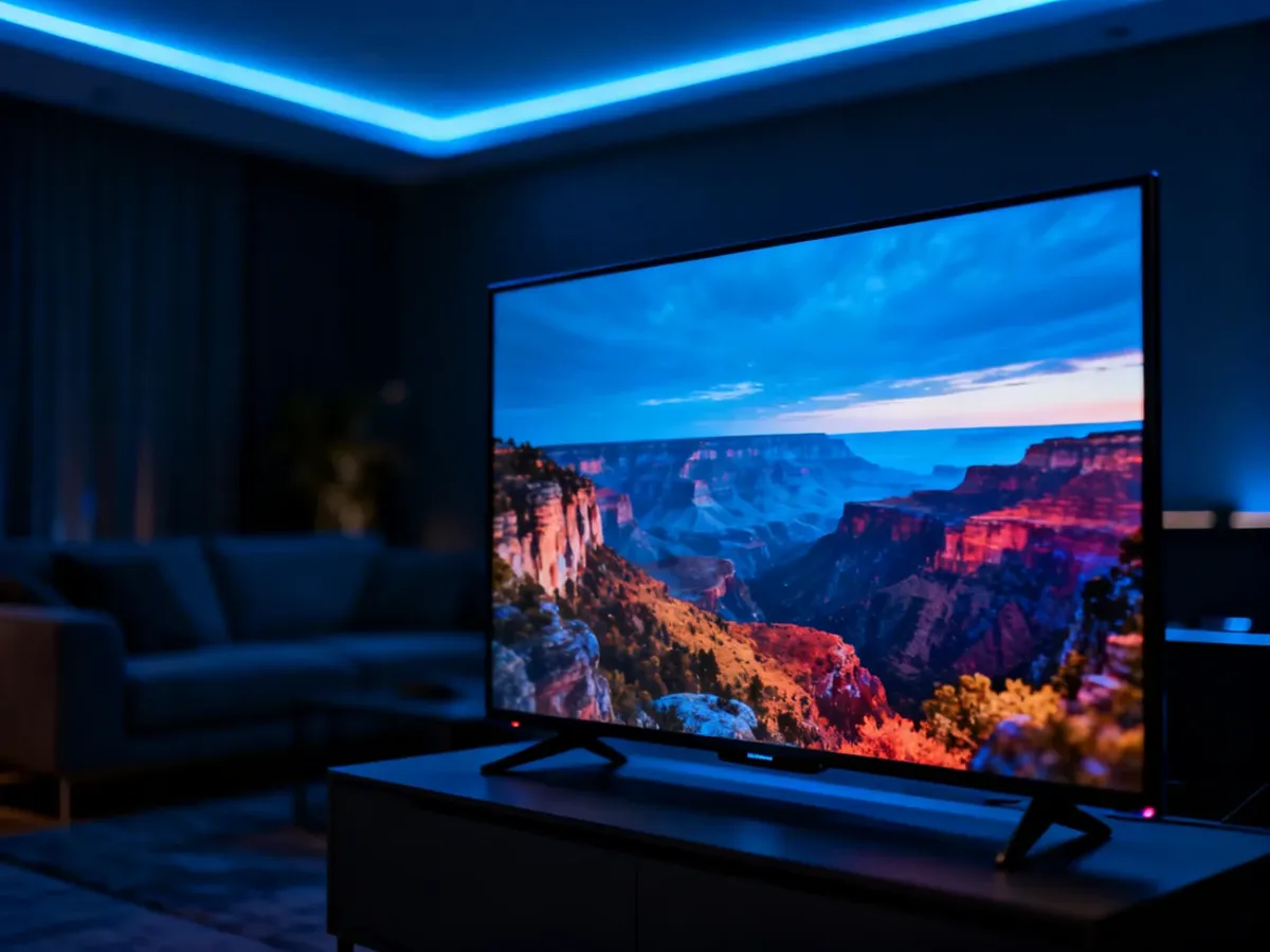 Nowoczesny telewizor 4K w przyciemnionym salonie, wyświetlający obraz o wysokiej jakości i nasyconych kolorach.