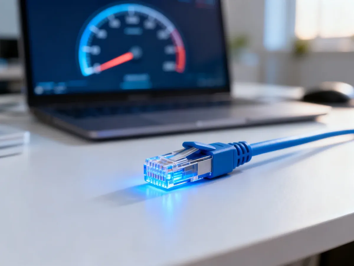 Światłowodowe złącze na biurku z rozmytym licznikiem prędkości internetu w tle, symbolizujące szybkie połączenie sieciowe.