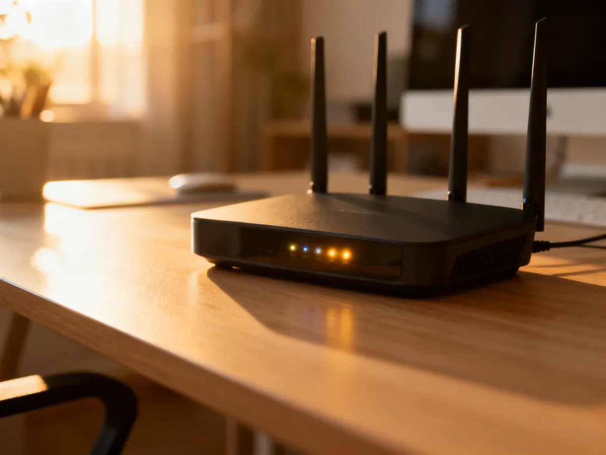 Nowoczesny router bezprzewodowy na drewnianym biurku, gotowy do konfiguracji ustawień sieci Wi-Fi.