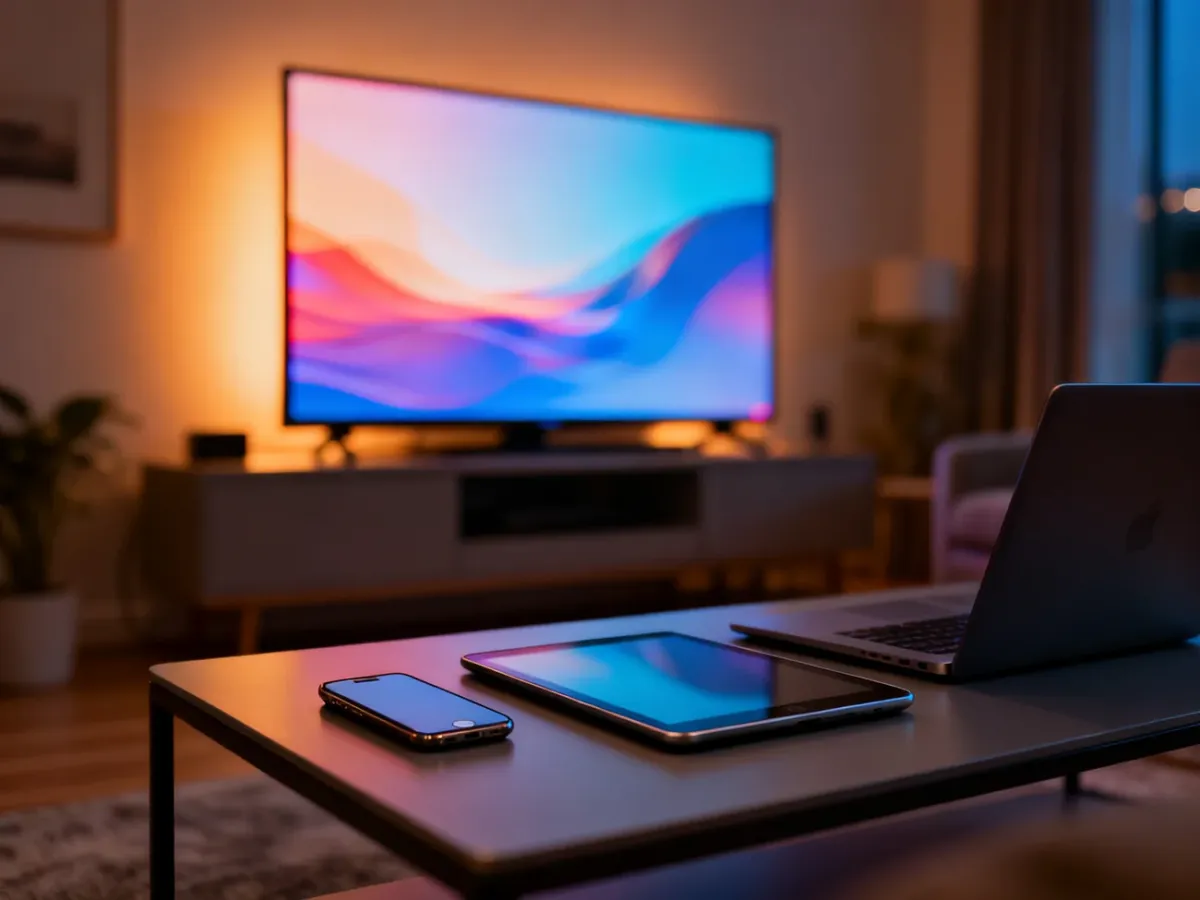 Nowoczesny salon z telewizorem oraz smartfonem, tabletem i laptopem, symbolizujący korzystanie z Netflixa na wielu ekranach.