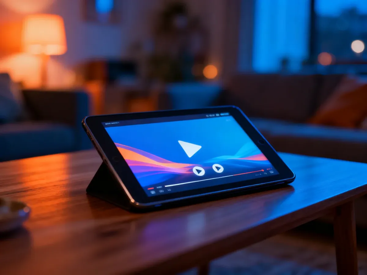 Tablet z interfejsem serwisu streamingowego na drewnianym stole w przytulnym salonie, symbolizujący dostęp do treści online.