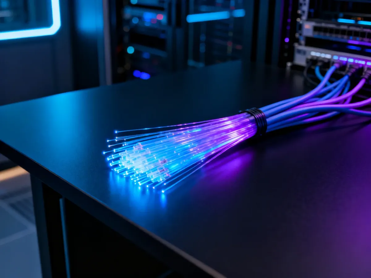 Wiązka świecących światłowodów emitująca niebiesko-fioletowe światło, symbolizująca nowoczesną i szybką łączność internetową.