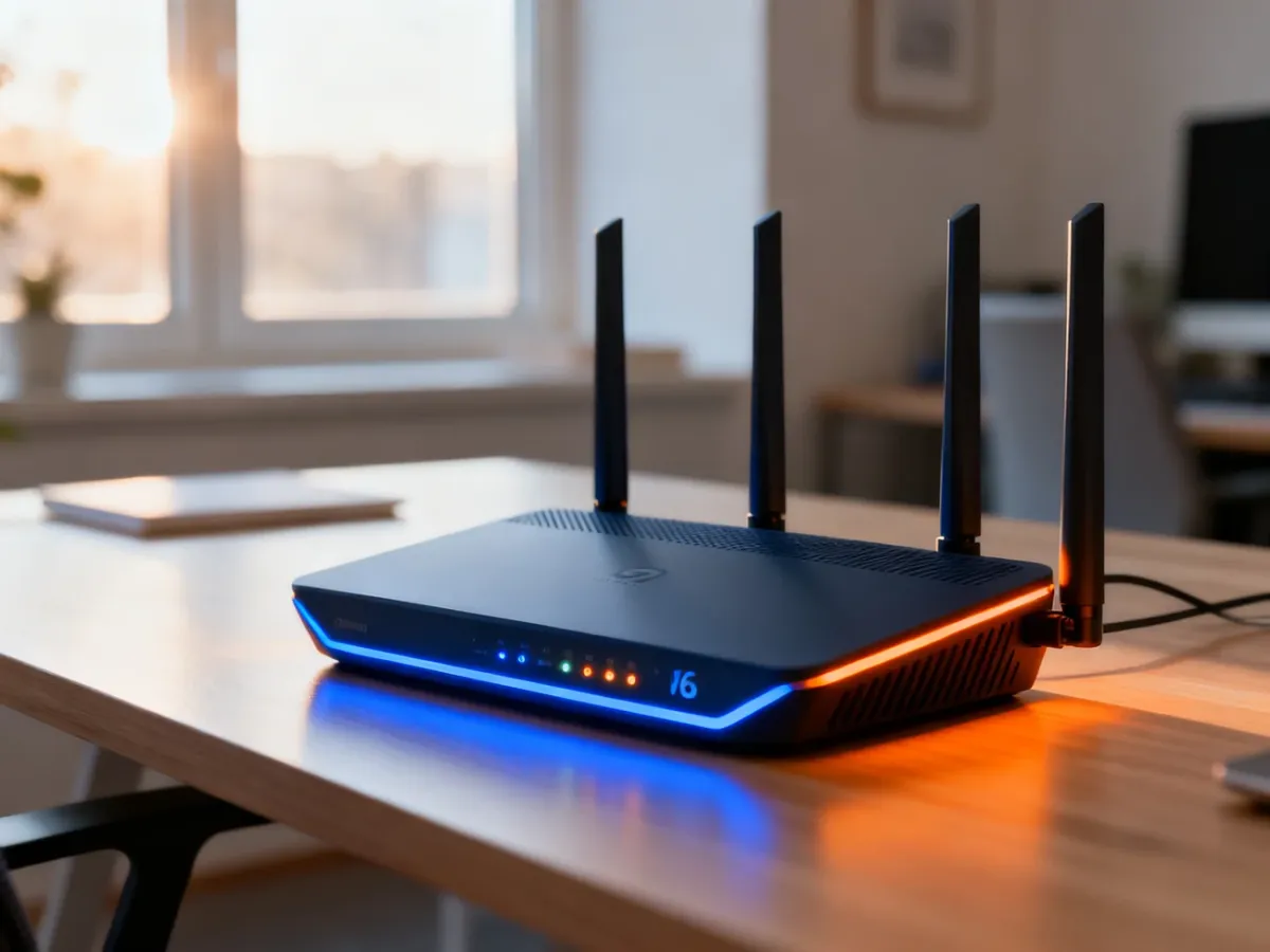 Nowoczesny router Wi-Fi 6 na drewnianym biurku w jasnym domowym biurze, gotowy do obsługi szybkiego internetu.